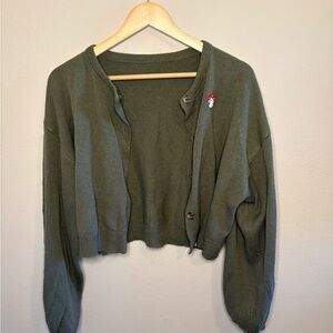 Stylish Olive Cardigan with whimsical mushroom details